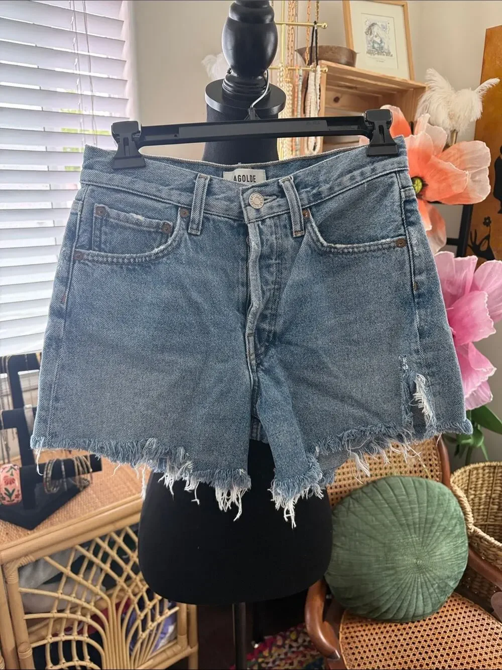 Agolde Parker Long Blue Distressed Button Fly Cutoff Denim Jean Shorts